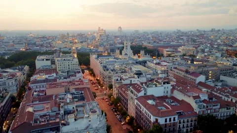 Panoramic aerial view of Madrid at sunset, drone view of Madrid downtown, travel Stock Footage 285641011