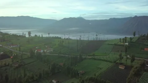 Panoramic Aerial View of Mount Bromo Village and Misty Valley 스톡 동영상 346109978