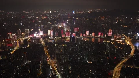Panoramic aerial view night modern illuminated china city. Cityscape background. Video stock 340626980