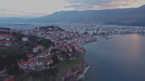 Panoramic Aerial View of Ohrid Old Town and Lake Coast at Sunset Stock Footage 342213087