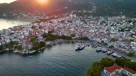 Panoramic aerial view of the old harbor and town of Skiathos island Stock Footage 294980122