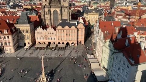 Panoramic aerial view of Old town square and Church of Our Lady. Prague, Czechia Stock Footage 221369871