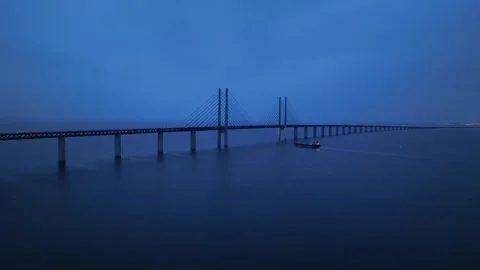 Panoramic Aerial view of Oresund Bridge who is between Denmark and Sweden Stock Footage 259470879