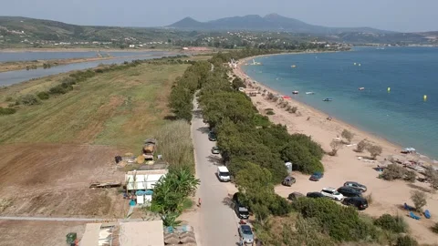 Panoramic aerial view over Divari beach near Navarino bay, Gialova. It is one Vídeos de archivo 197584725