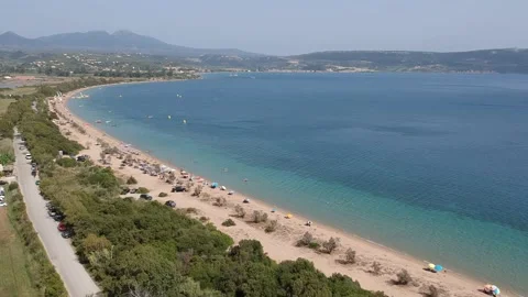 Panoramic aerial view over Divari beach near Navarino bay, Gialova. It is one Vídeos de archivo 197589417