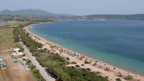 Panoramic aerial view over Divari beach near Navarino bay, Gialova. It is one Vídeos de archivo 197590360