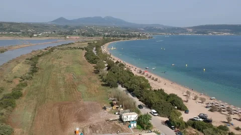 Panoramic aerial view over Divari beach near Navarino bay, Gialova. It is one Vídeos de archivo 197590921