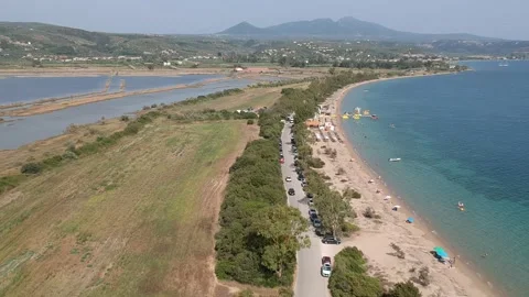 Panoramic aerial view over Divari beach near Navarino bay, Gialova. It is one Vídeos de archivo 197597923