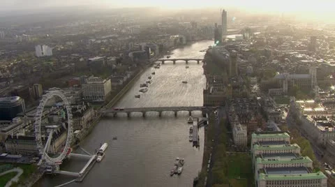 Panoramic aerial view over the River Thames and the city of London Stock Footage 18138574