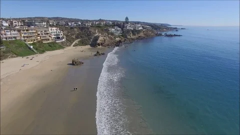 Panoramic aerial view of Pacific Ocean and Corona del Mar beach and coastline Stock Footage 73854782