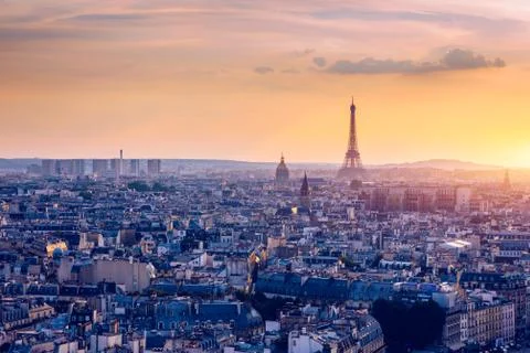 Panoramic aerial view of Paris, Eiffel Tower and La Defense business district Stock Photos