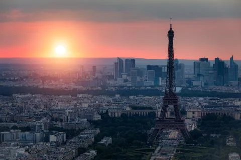 Panoramic aerial view of Paris, Eiffel Tower and La Defense business district Stock Photos