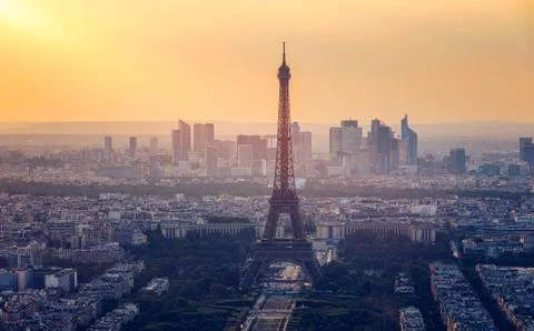 Panoramic aerial view of Paris, Eiffel Tower and La Defense business district 写真素材