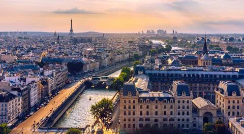 Panoramic aerial view of Paris, Eiffel Tower and La Defense business district Stock Photos