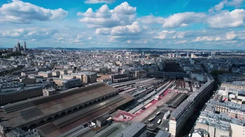 Panoramic aerial view of Paris train station Gare du Nord and whole city. Stock Footage 201142875