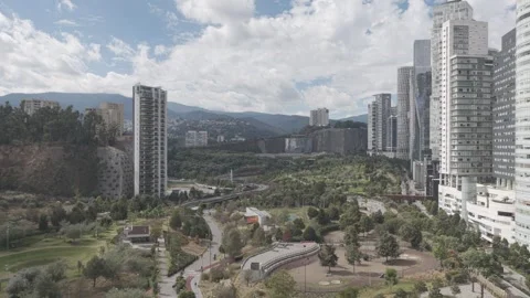 Panoramic aerial view of Parque La Mexicana on a blue sky day Stock Footage 327824254