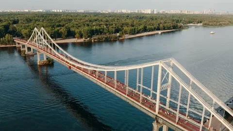 Panoramic aerial view of the pedestrian bridge across the Dnieper River Stock Footage 238999655
