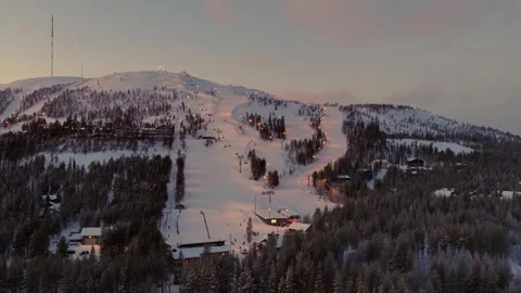 Panoramic aerial view of Pyhätunturi ski resort in Lapland winter sunset. Stock Footage 341562727