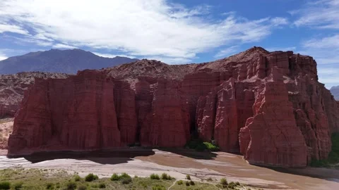 Panoramic aerial view of red rock amphitheater in Salta Argentina Stock Footage 342841261