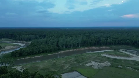 Panoramic aerial view of river flowing past dense forest and riverbank Stock Footage 342352962