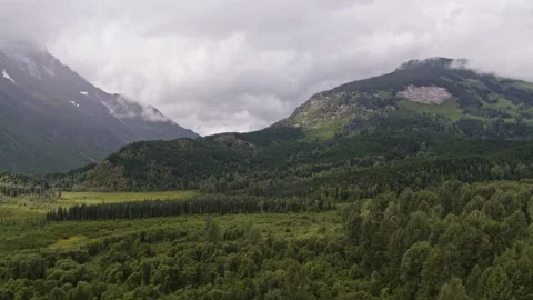 Panoramic aerial view of river valley near Stewart, British Columbia. Video stock 153044747