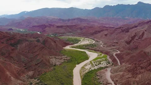 Panoramic Aerial View Of The River Valley And Colored Rocky Mountains In Andes Stock Footage 191757372