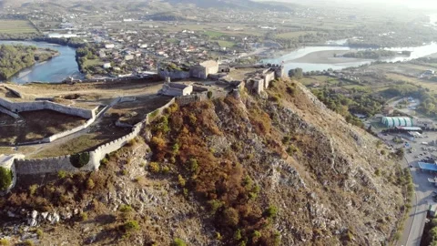 Panoramic Aerial View of Rozafa Castle in Shkoder, Albania Stock Footage 131443574