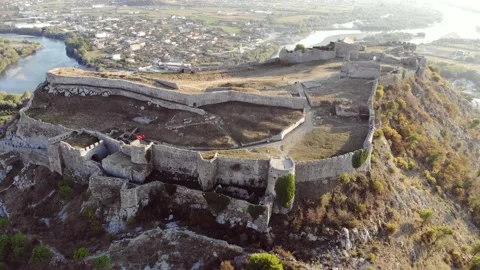 Panoramic Aerial View Of Rozafa Castle And River In Shkoder, Albania Stock Footage 131444254