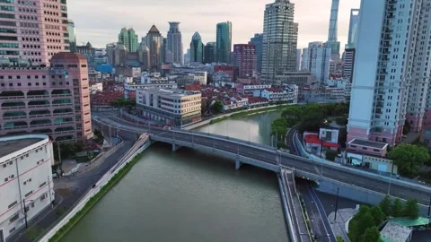 Panoramic Aerial View of Shanghai Cityscape and Suzhou River China Stock Footage 346335596