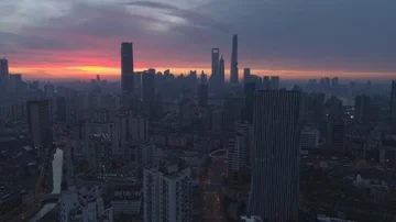Panoramic Aerial View of Shanghai Skyline at Twilight. China. Aerial View Stock Footage