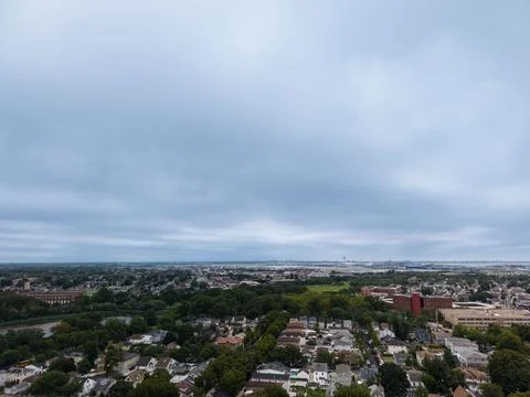 Panoramic aerial view showing dense residential blocks in Jamaica area, Queens 库存照片