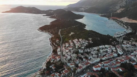 Panoramic Aerial View Of A Small Town By The Sea In A Mountain Landscape Stock Footage 194948887