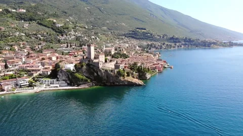 Panoramic Aerial View Of A Town On The Lakefront With A Castle On The Rock Stock Footage 137212205