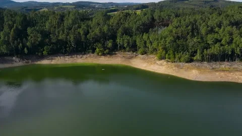 Panoramic Aerial View Of Tranquil Lake With Natural Scenery Stock Footage 235817847