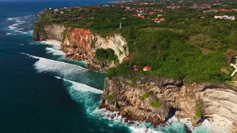Panoramic Aerial View of Tropical Ocean Waves and Coastal Edge in Bali Stock Footage 340658896