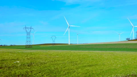 Panoramic aerial view of wind farm turbines rotating in January landscape. Stock Footage 296185537