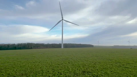 Panoramic aerial view of wind farm turbines rotating in January landscape. Stock Footage 296187427
