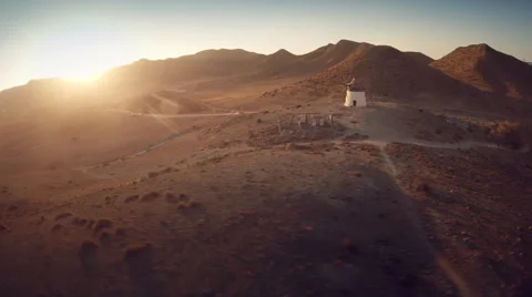 Panoramic aerial view of a wind mill in the desert. Spain. 4K Stock Footage 52432307