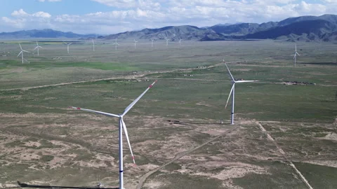 Panoramic Aerial View of Wind Turbines in Qieji Township Wind Farm Видео 342091281