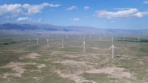 Panoramic Aerial View of Wind Turbines in Qieji Township Wind Farm Видео 342091631