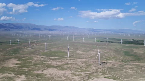 Panoramic Aerial View of Wind Turbines in Qieji Township Wind Farm Видео 342091634