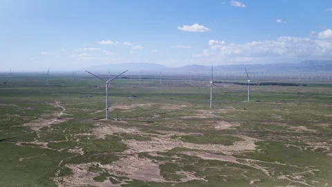 Panoramic Aerial View of Wind Turbines in Qieji Township Wind Farm Видео 342091641