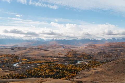 Panoramic aerial view of a winding river in Altai Stock Photos