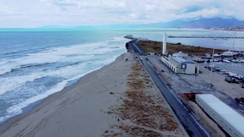 Panoramic aerial views lighthouse beach in Viareggio, Italy Stock-Footage 249557257
