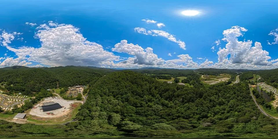 Panoramic Aerials: 360 Degree Equirectangular VR View Over Mountains, RV Resort Stock Photos