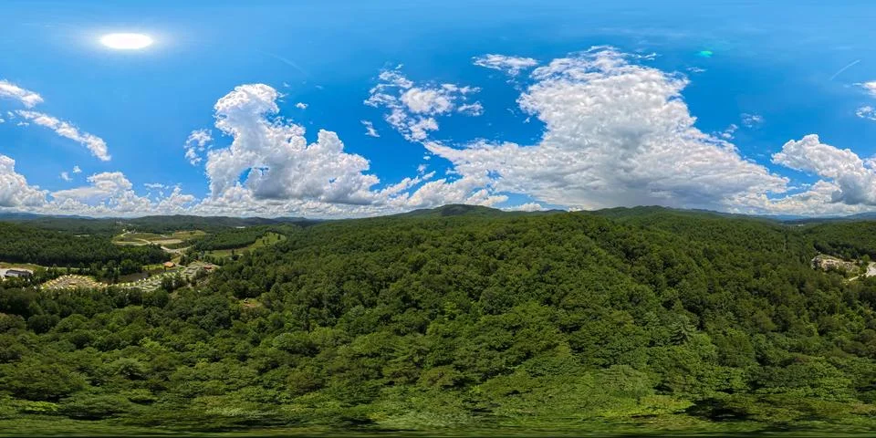 Panoramic Aerials: 360 Degree Equirectangular VR View Over Mountains, RV Resort Stock Photos