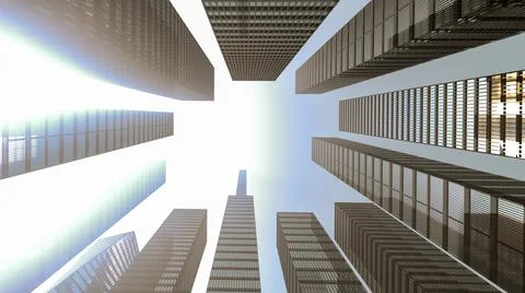 Panoramic and perspective view to steel light blue background of glass high rise Illustrazione stock