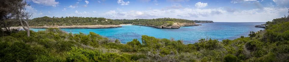 Panoramic and wide angle view at Natural Park Mondrago in Mallorca Stock Photos