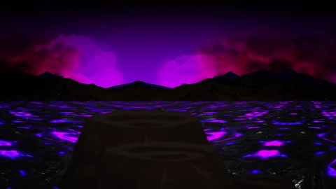 Panoramic animation of violet lava flow in desert. Looped cartoon background Stock Footage 158274128