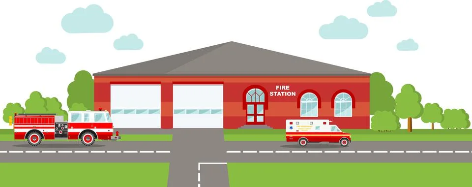Panoramic background with fire station building and fire truck. Illustrazione stock